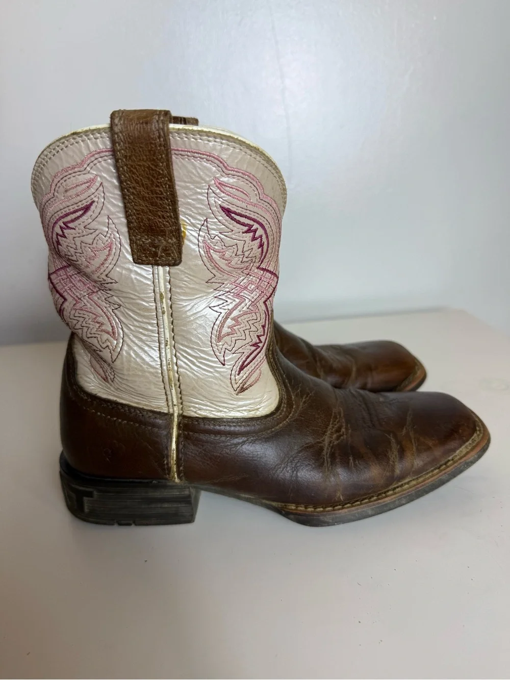 Ariat Kids Fatbaby Brown Leather Western Cowboy Boots Square Toe Cream Shaft